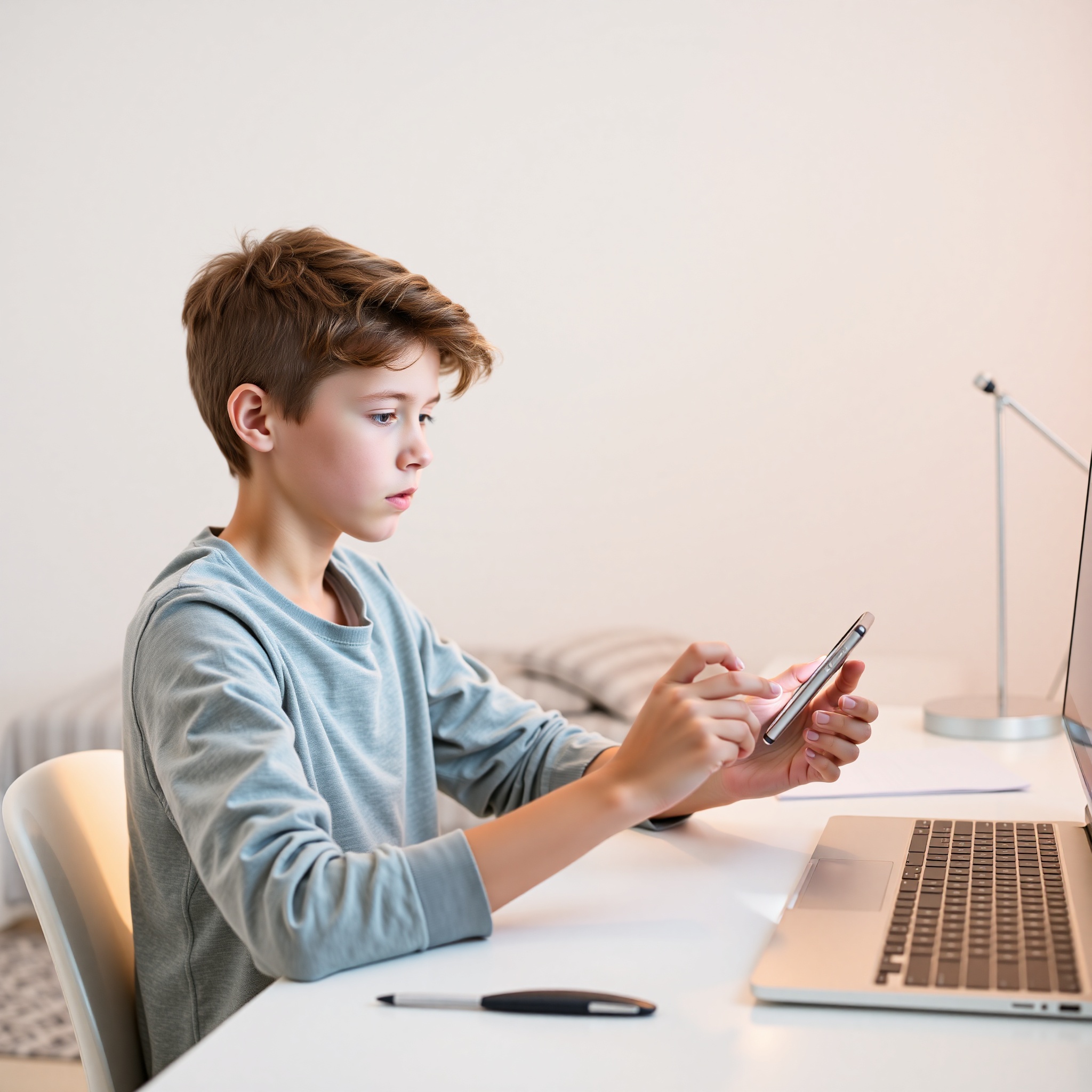Teenager looking at phone checking bank balance with focused expression at bedroom desk