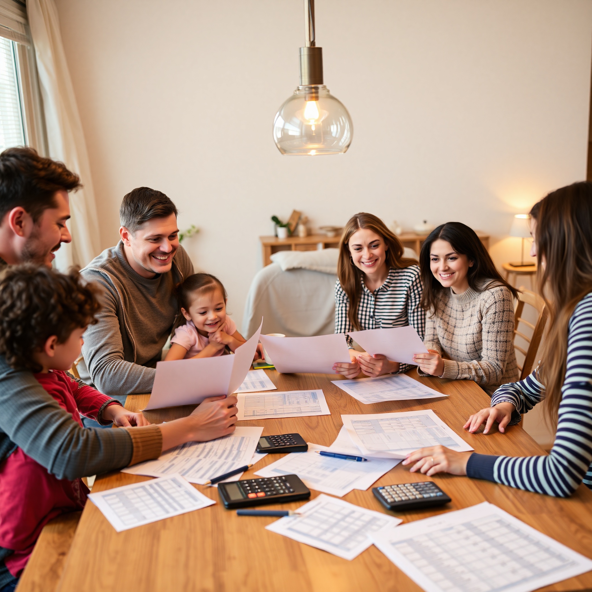 Family reviewing financial documents and budget planning at home
