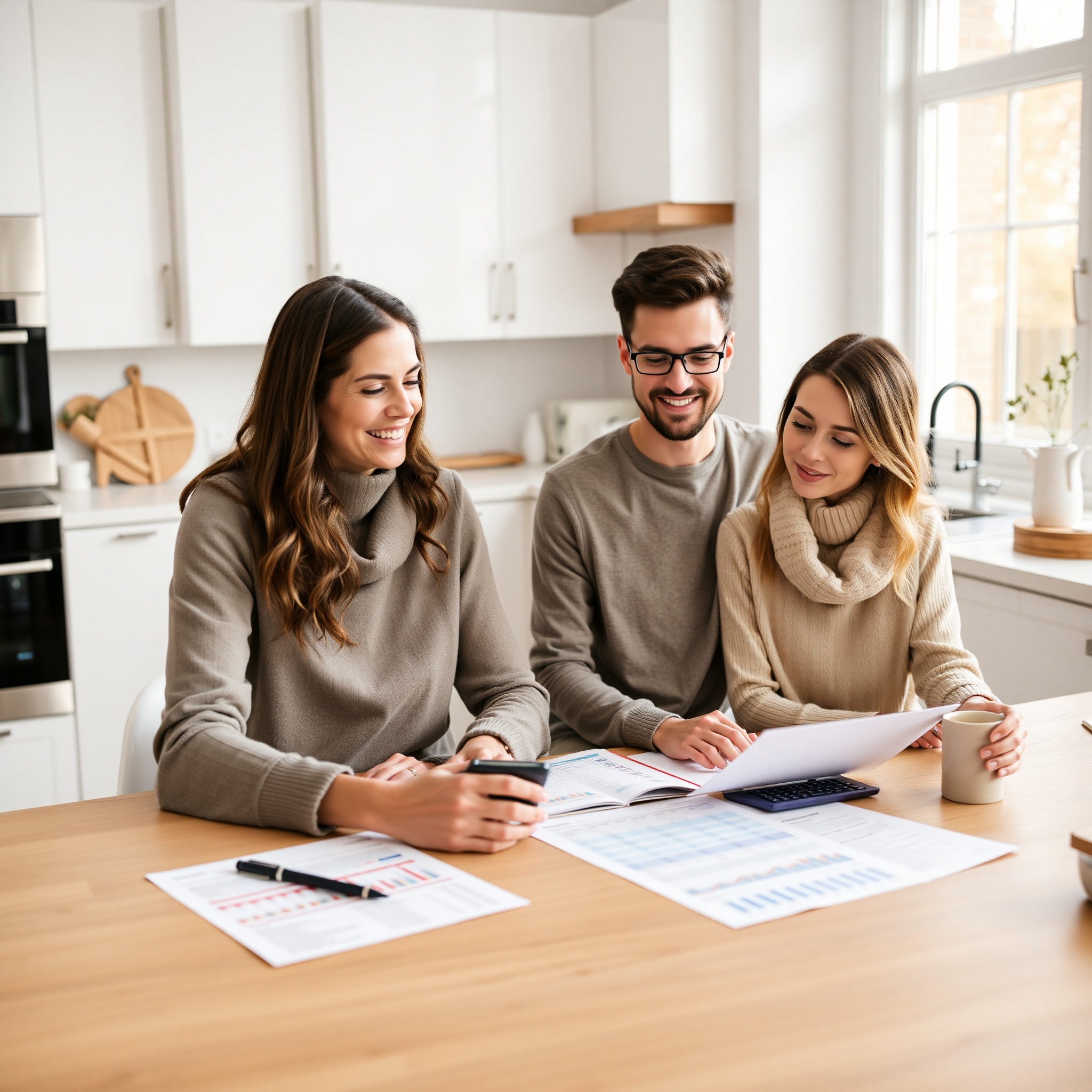 Young parents reviewing monthly household budget with calculator and notebook at dining table