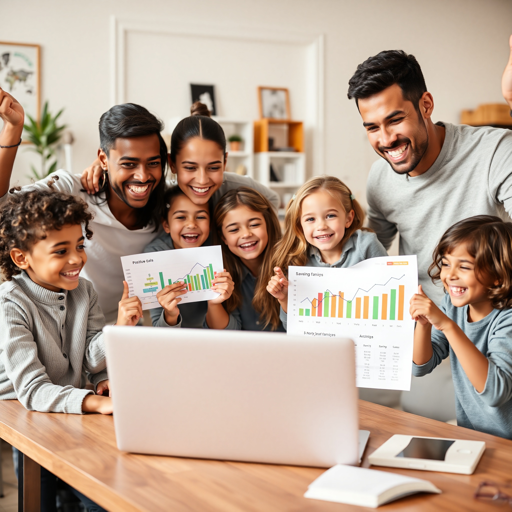 Family celebrating financial milestone with visible progress charts and savings goals achieved displayed on wall calendar