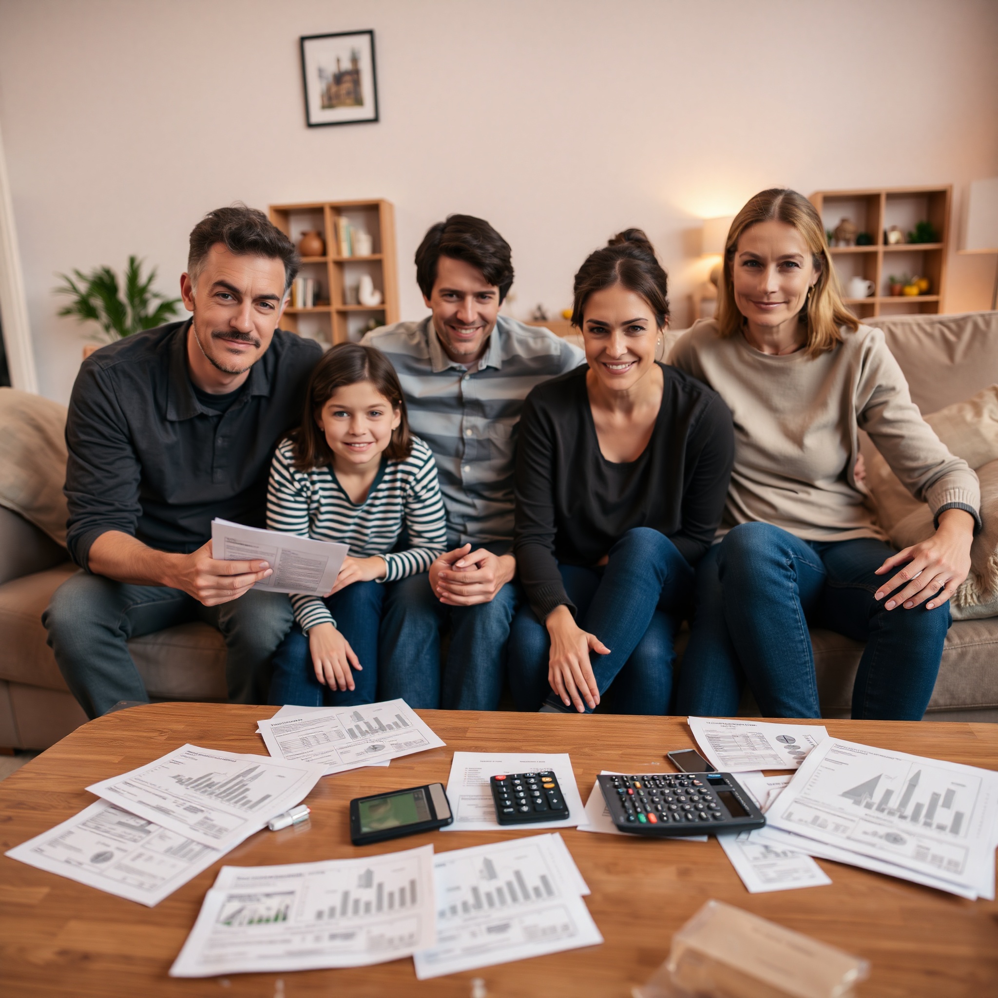 Canadian family discussing debt reduction strategy with financial documents spread on table