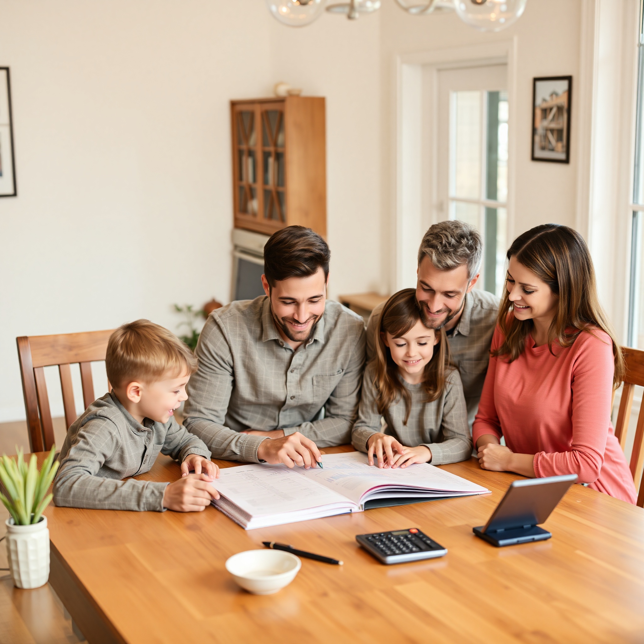 Family sitting at kitchen table working on budget planning with notebook and calculator
