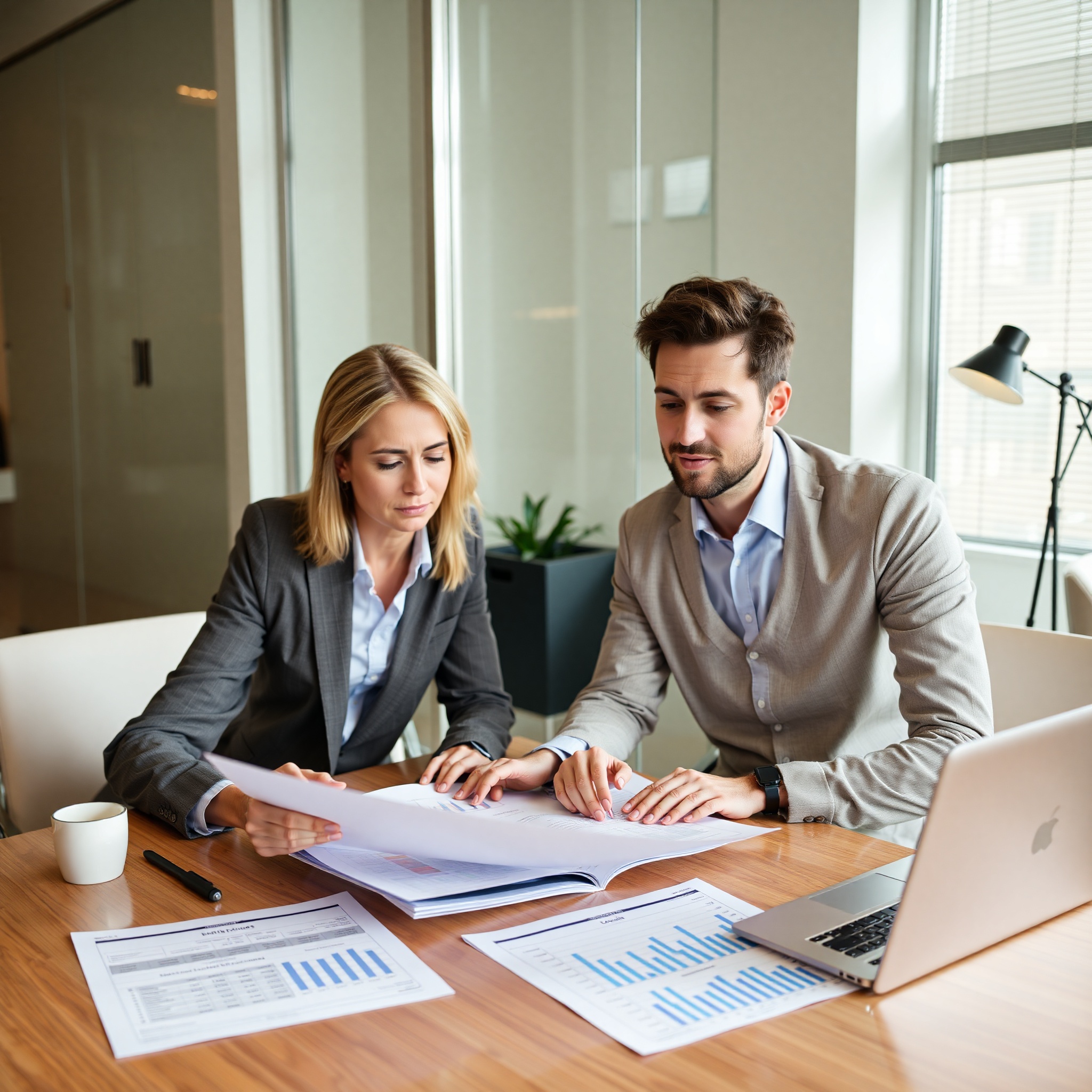 Professional financial advisor reviewing debt analysis with client at desk with budget documents and calculator
