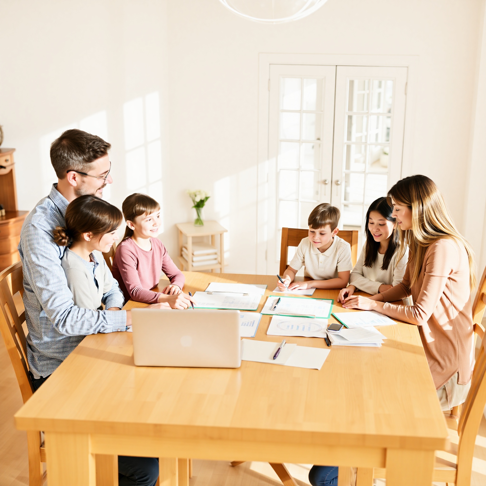 Professional financial advisor discussing budget planning with Canadian family in comfortable home office setting, natural window lighting