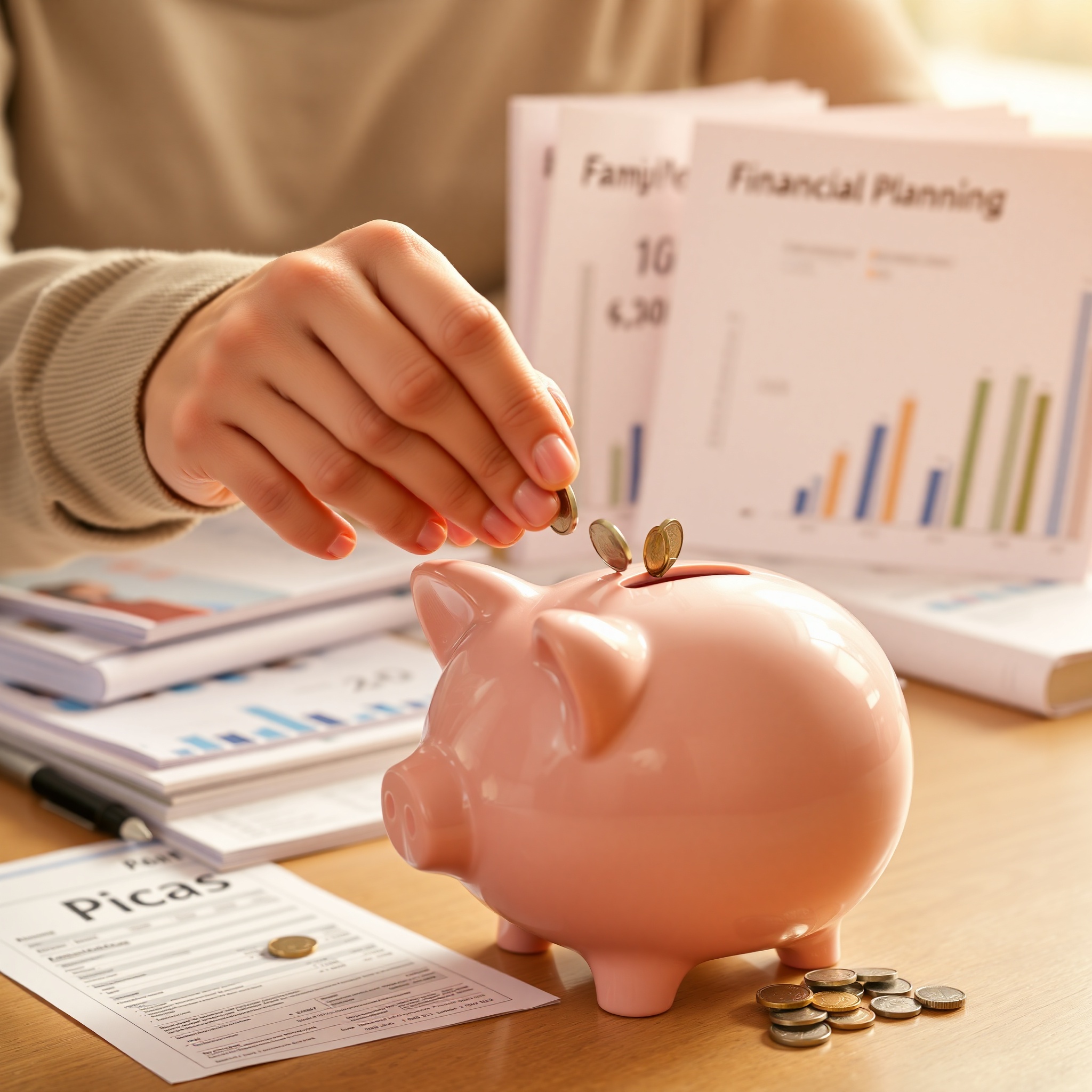 Family saving money with piggy bank and investment materials