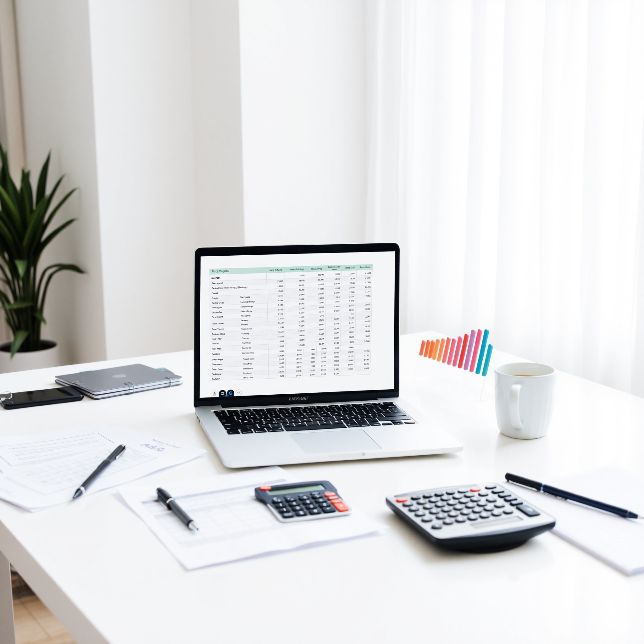 Professional financial planning workspace with budget documents and calculator