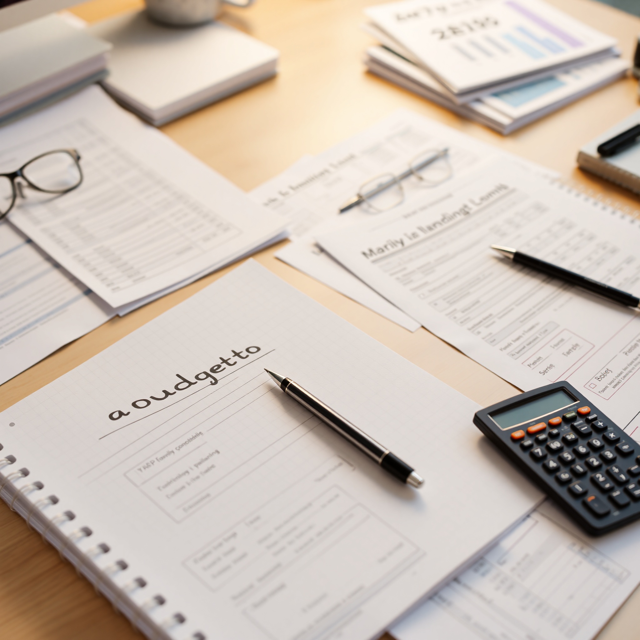 Organized family budget planning materials and financial documents