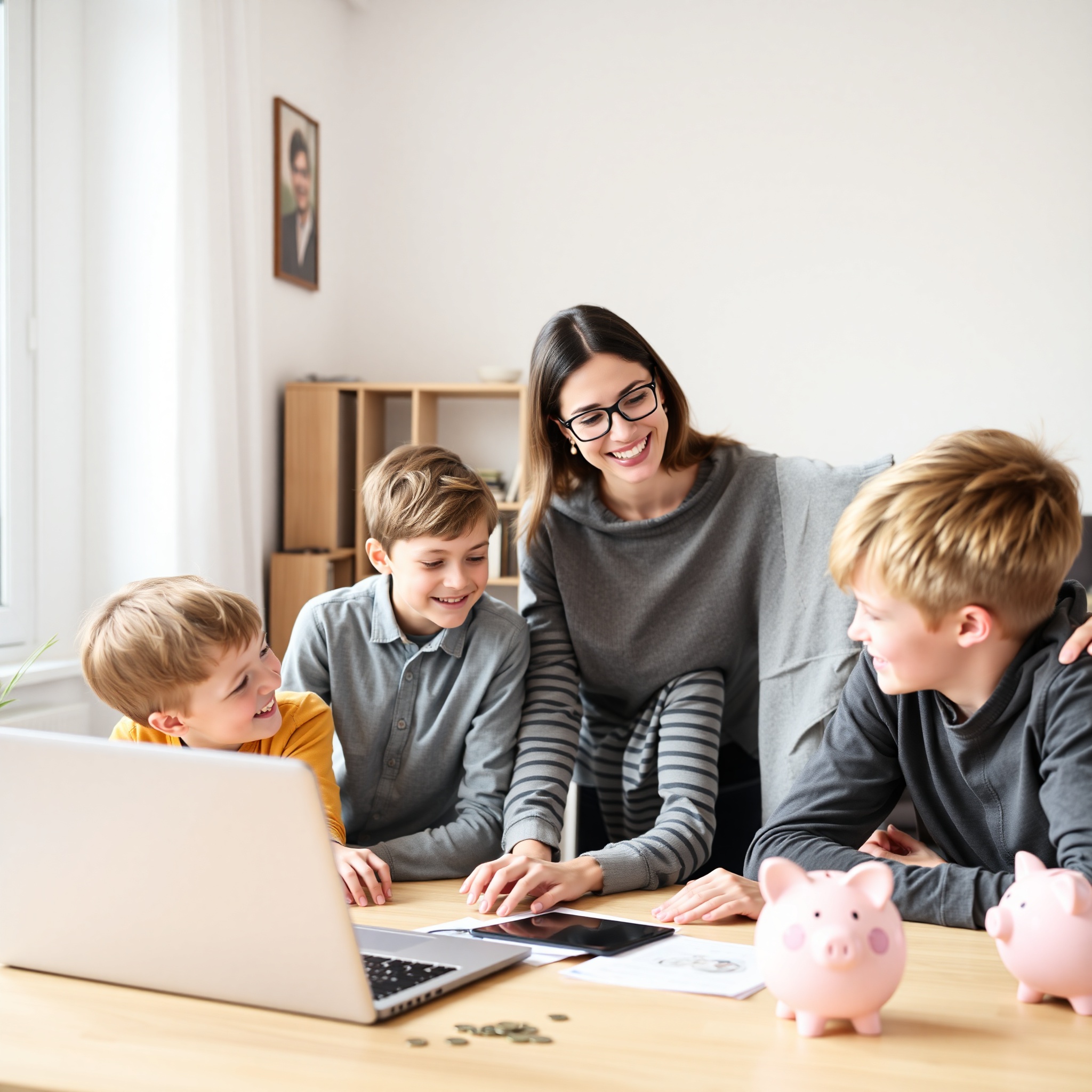 Parent teaching teenage children about personal finance and money management in home setting