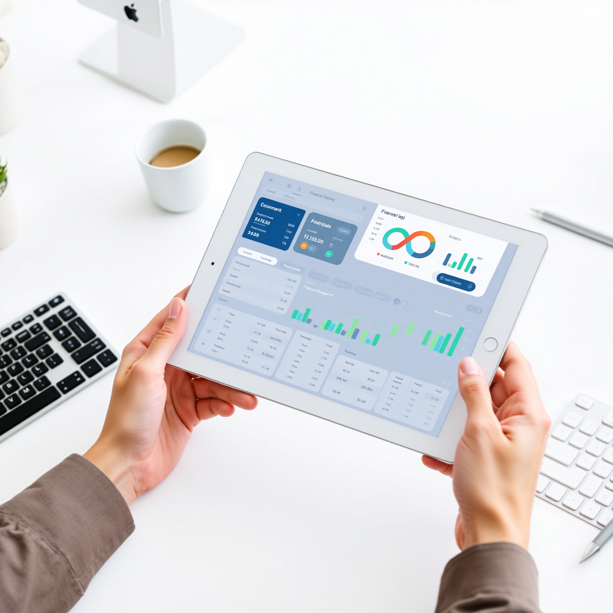 Professional displaying budgeting app on tablet screen with charts and financial data visualization