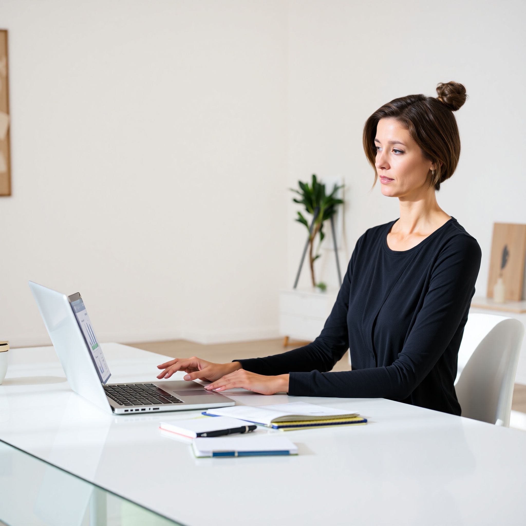 Woman reviewing savings goals chart on laptop with notebook and coffee in bright home office