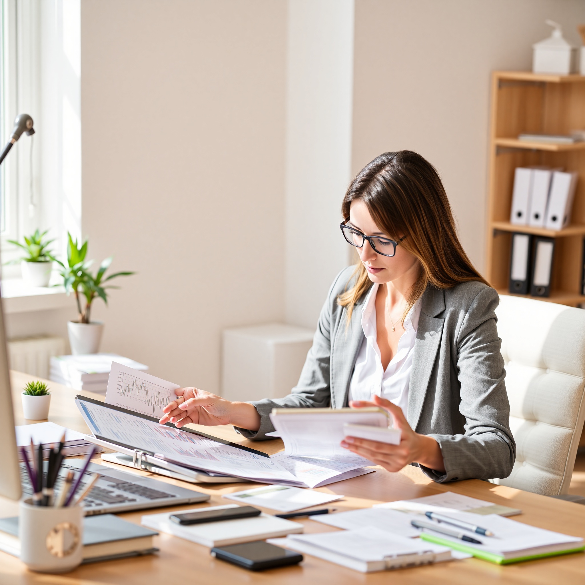 Professional woman reviewing savings account statements and financial goals on tablet at modern desk