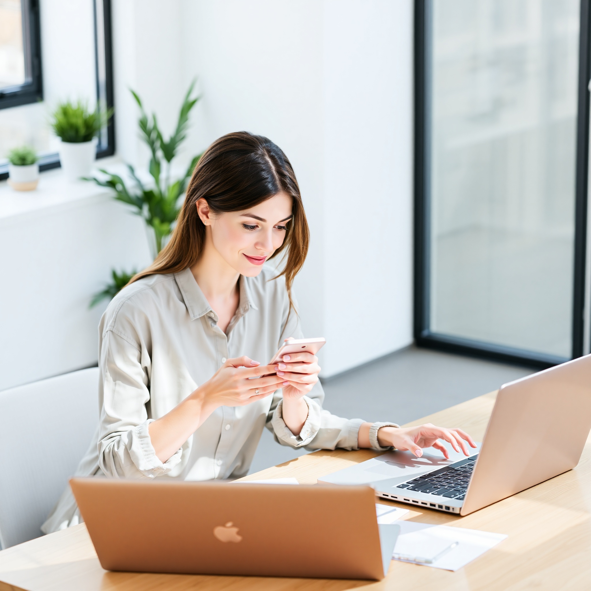 Person using smartphone and laptop for financial management and budget tracking