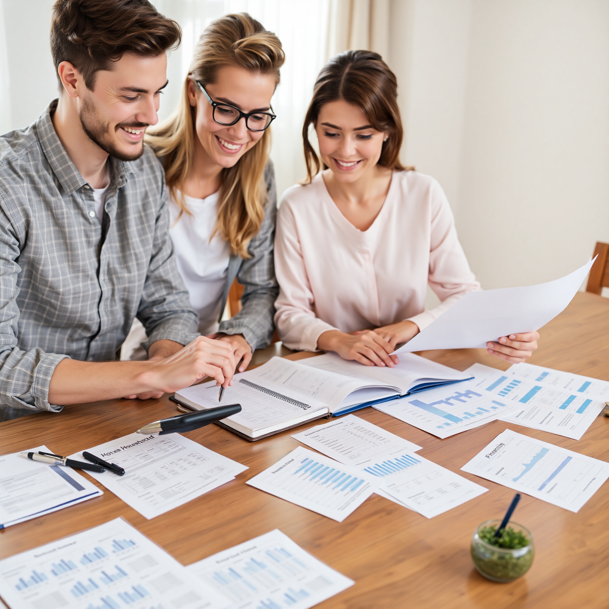Young parents reviewing monthly household budget with calculator and notebook at dining table